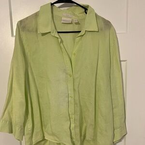 Chico's 3 No Iron Shirt Blouse Green 3/4 Sleeve Front Tie 100% Linen XL Vacation